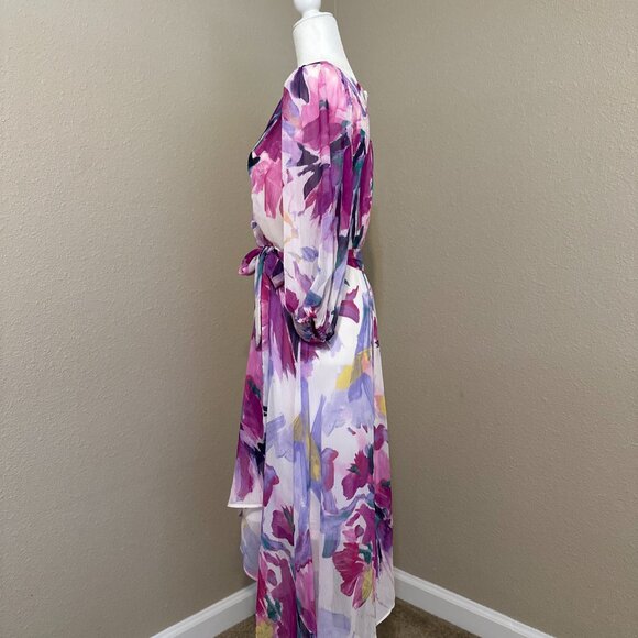 DKNY Women's Floral-Print Balloon-Sleeve Tie-Waist V-Neck Dress Size 12 - Picture 4 of 10